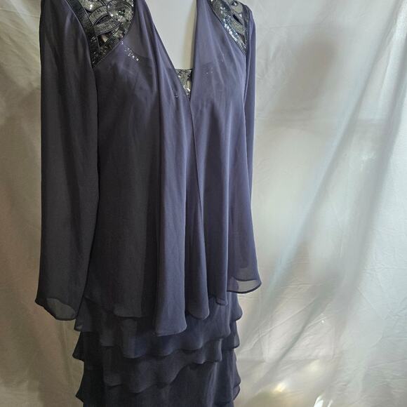 Dresses & Skirts - SLNY Women's Navy Sequined Neck Detail Tiered A-Line Dress with Over Coat Size 8
